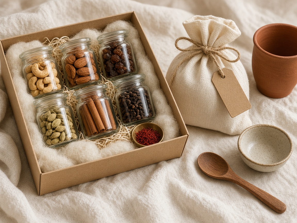 A gift box of spices, nuts, a potli, and a handwritten tag